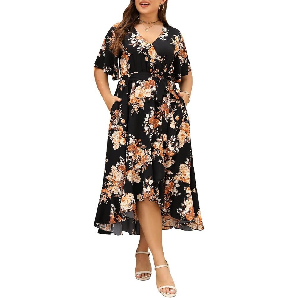 Plus Size Maxi Dress Floral V Neck 3/4 Sleeve Empire Waist Casual Formal